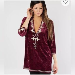 Embroidered Velvet Tunic Top Size XS